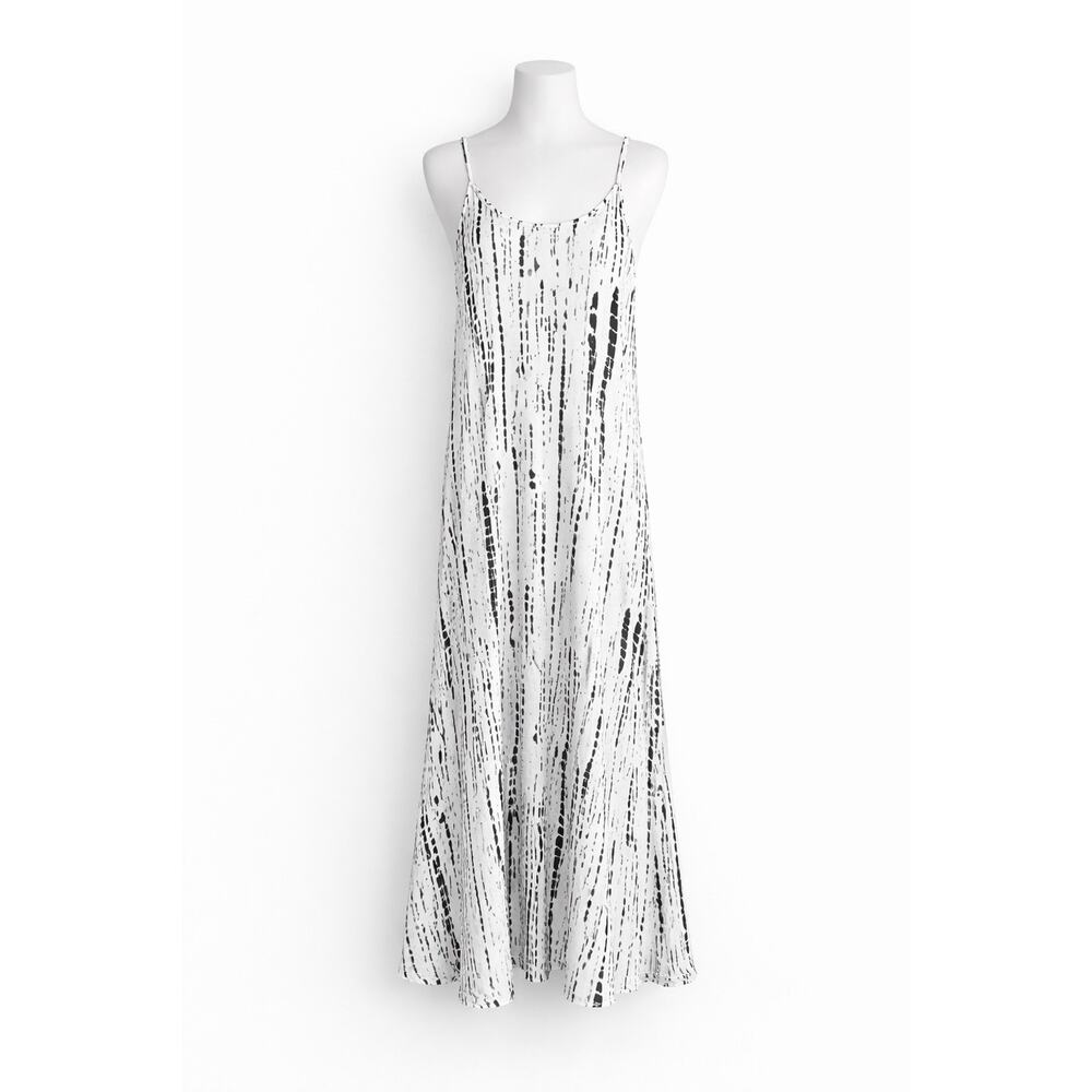 White Black Abstract Print Maxi Dress Spaghetti Strap Flowy Size Medium